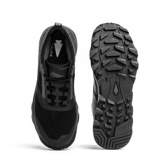 Black GORUCK rucking shoe with durable rugged sole and arrow logo on insole and outsole