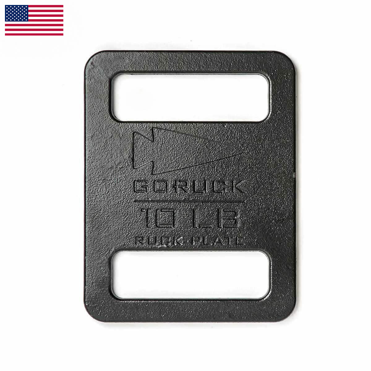 Black Ruck Plates (10 LB) with rectangular cutouts and a small US flag in the top left. Durable design for rucking weights; ideal for use with GORUCK packs and versatile Ruck Plates training.