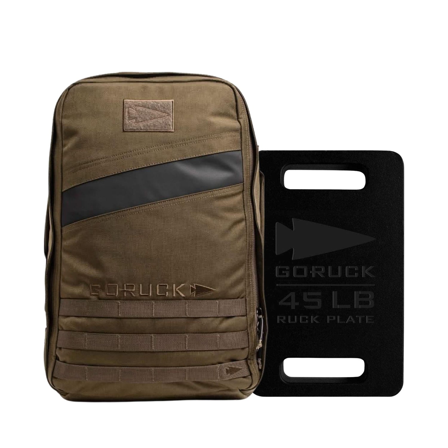 The Rucker 4.0 + 45LB Plate Bundle features an olive green backpack and a black 45 lb ruck plate, perfect for rucking, displayed on a white background.