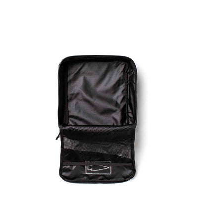 The GORUCK Shoe Bag - Ripstop ROBIC® is presented against a white background, featuring an open black design with an internal mesh pocket and water-resistant protection.