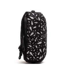 Side view of black GORUCK backpack with white tree pattern and multiple compartments
