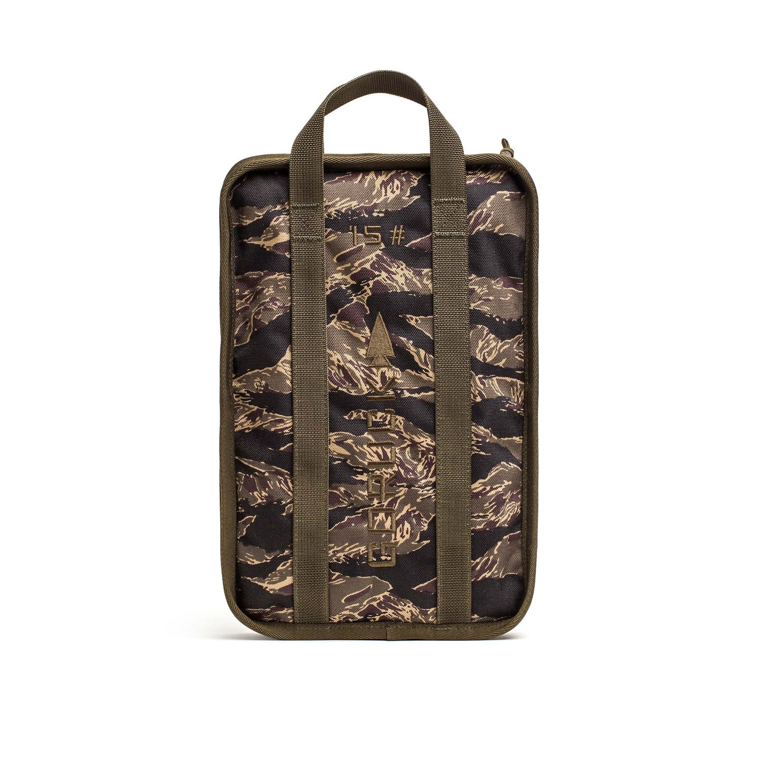 Rectangular camo pouch with olive green handles, ideal for carrying Sand Ruck Plates, is shown upright on a white background.
