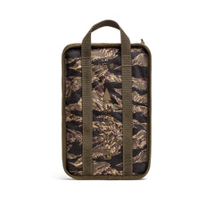 Rectangular camo pouch with olive green handles, ideal for carrying Sand Ruck Plates, is shown upright on a white background.