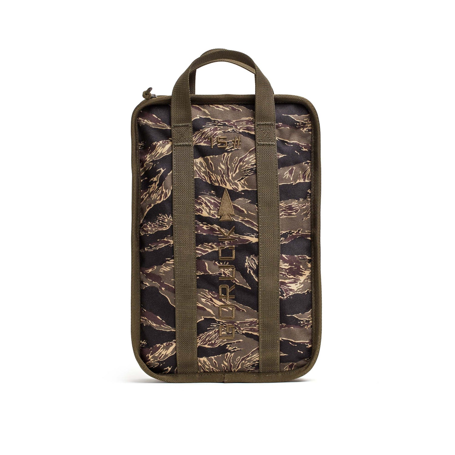 Camouflage-patterned zippered carrying case with two handles, made for easy transport of your Sand Ruck Plates and rucking gear, shown upright against a white background.