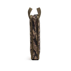 Side view of a camouflage-patterned rucking bag with two brown handles and a zippered top, perfect for carrying Sand Ruck Plates, shown against a white background.