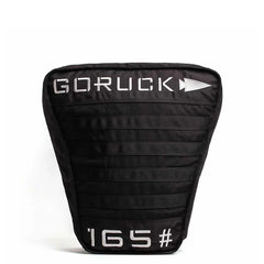 Black GORUCK ruck plate with white logo and 165-pound weight marking for rucking gear