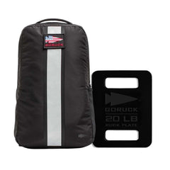 The Basic Rucker + FREE Plate includes a black backpack with a reflective stripe and patch, pictured next to a flat 20 lb ruck plate—perfect for rucking or weighted training sessions.