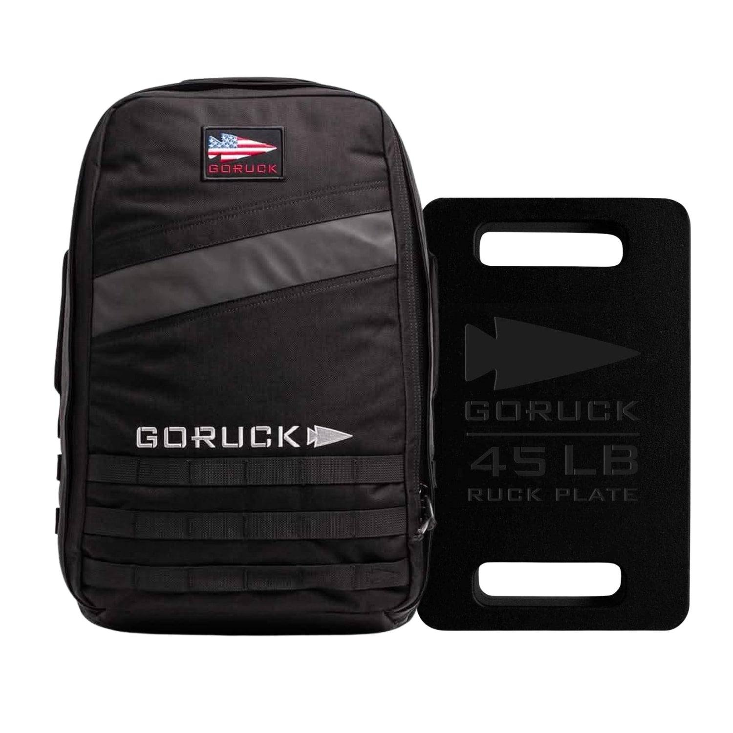 The Rucker 4.0 + 45LB Plate Bundle includes a black GORUCK Rucker 4.0 backpack and a 45 lb ruck plate with handles, both branded with the GORUCK logo—ideal for your next rucking adventure.