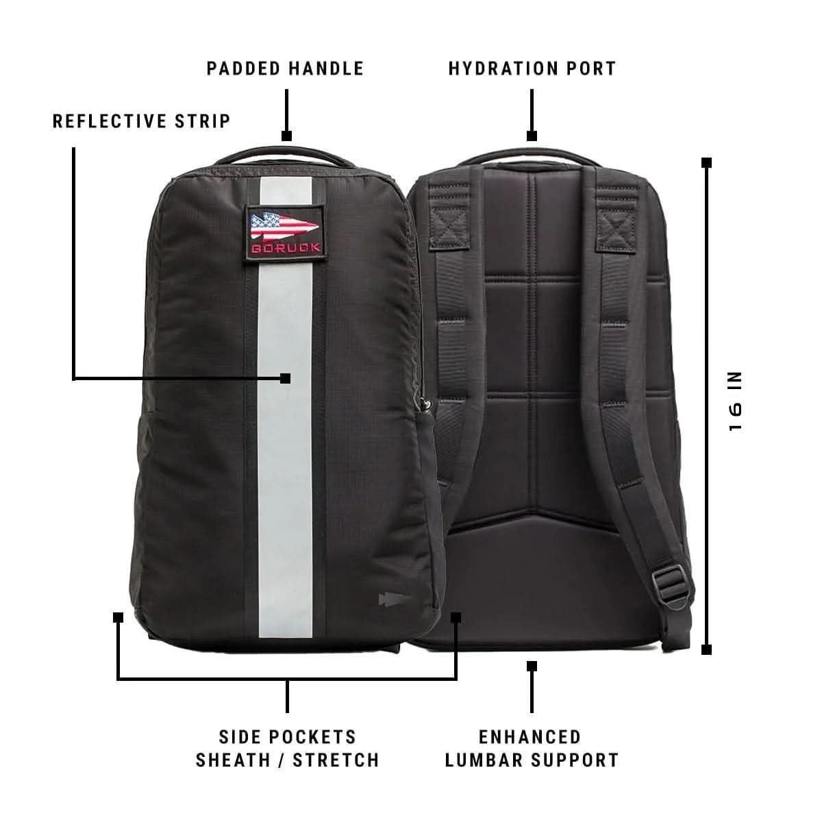 The Basic Rucker in black features a reflective strip, padded handle, and labeled details such as a hydration port, lumbar support, and a dedicated ruck plate compartment for added rucking comfort.