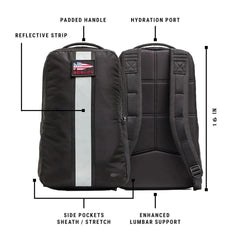 The Basic Rucker in black features a reflective strip, padded handle, and labeled details such as a hydration port, lumbar support, and a dedicated ruck plate compartment for added rucking comfort.
