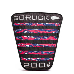 GORUCK weight plate with red, white, and blue camo pattern and 200 pound marking for rucking gear
