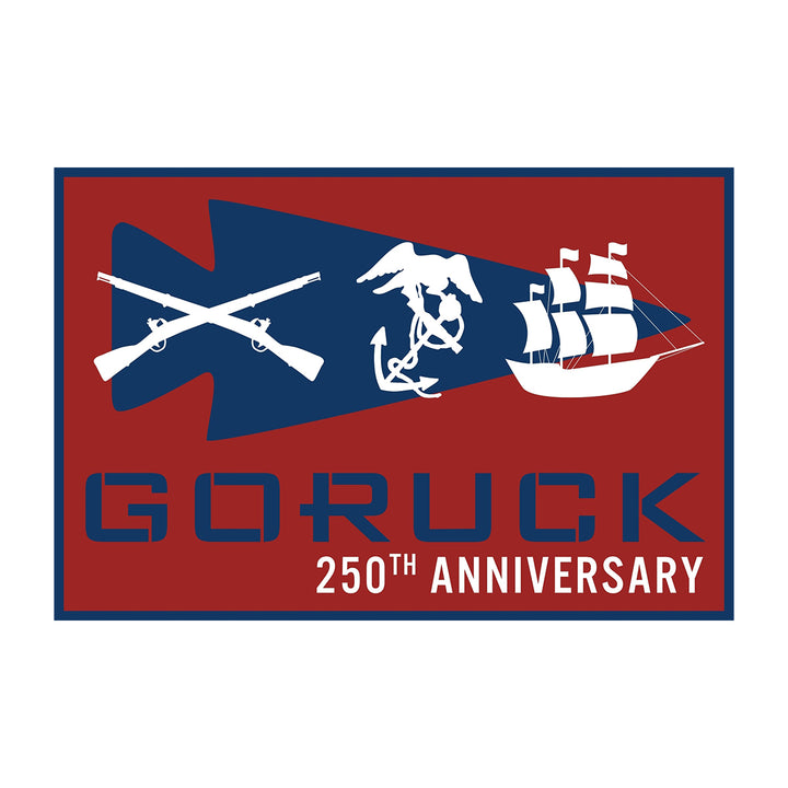 Celebrate the American Revolution with GORUCK's Patch - Ultimate American Revolution: 250 Miles Challenge, featuring a unique logo of crossed rifles, an eagle, an anchor, and a ship.