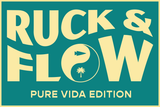 Text reads “COSTA RICA RUCK & FLOW 2027” with a palm tree and yin-yang symbol in the design, capturing the adventurous spirit of a jungle rucking retreat and the rejuvenating energy of an Osa Peninsula yoga experience.