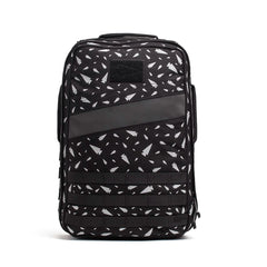The Rucker 4.0 - Reflective Spearhead is a black backpack with a white geometric pattern, front pocket, side handle, and bold diagonal stripe—ideal for stylish training or daily use.