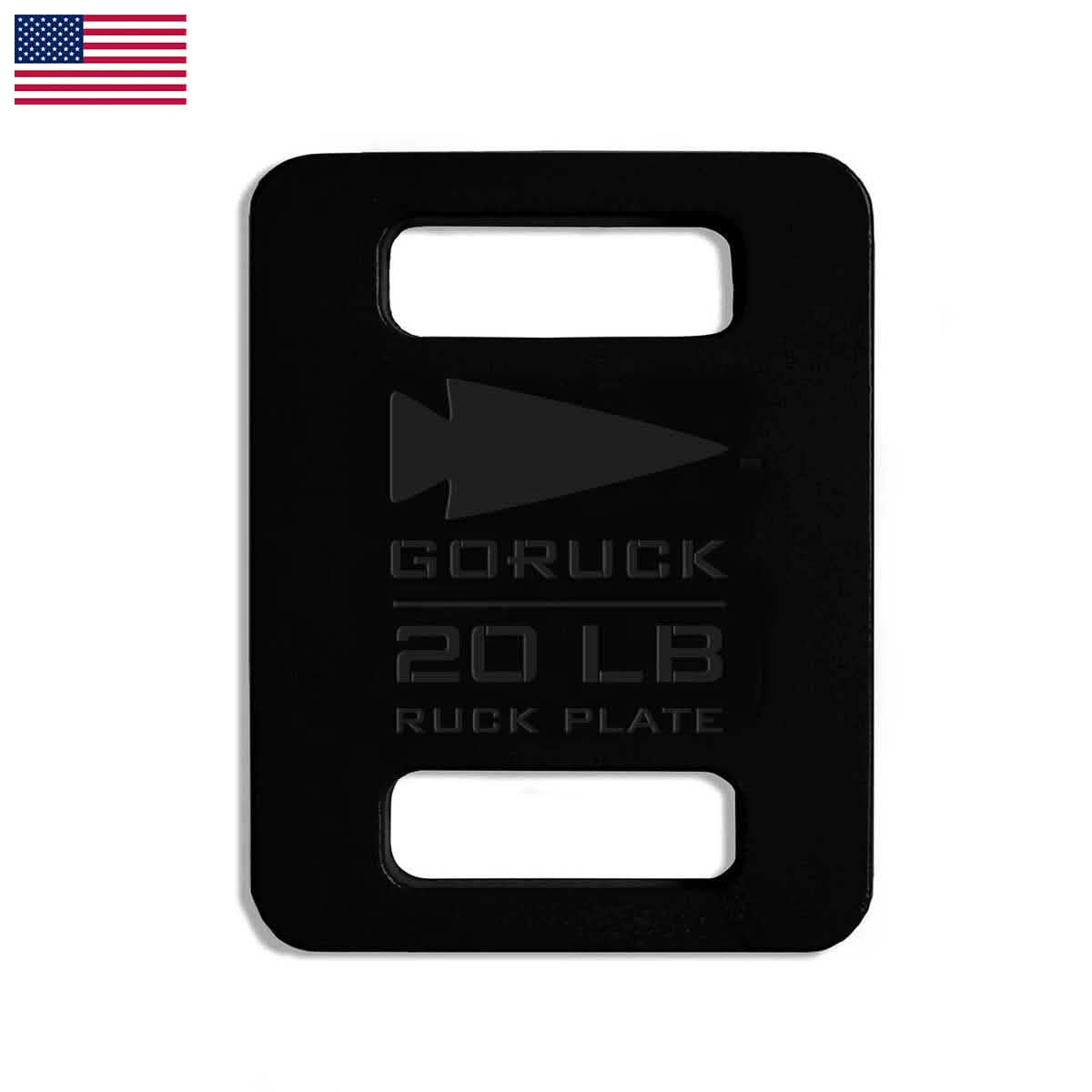 A GORUCK Ruck Plate in black features two rectangular cutouts and prominently showcases the logo along with the 