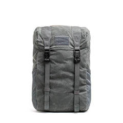 GORUCK slate waxed canvas rucksack with rugged straps and buckles, front view