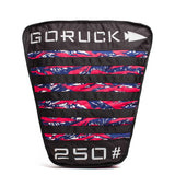 GORUCK ruck plate patch with red, blue, and white stripes, 250 lb text, on white background