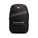 GORUCK 25L black ruck backpack with American flag patch, tough rucking gear front view