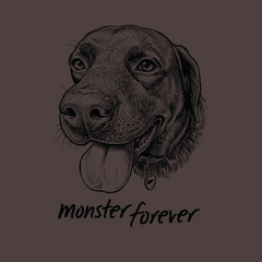 Drawing of a happy dog with its tongue out and the words “Monster Forever Tee // PREORDER” written below it.