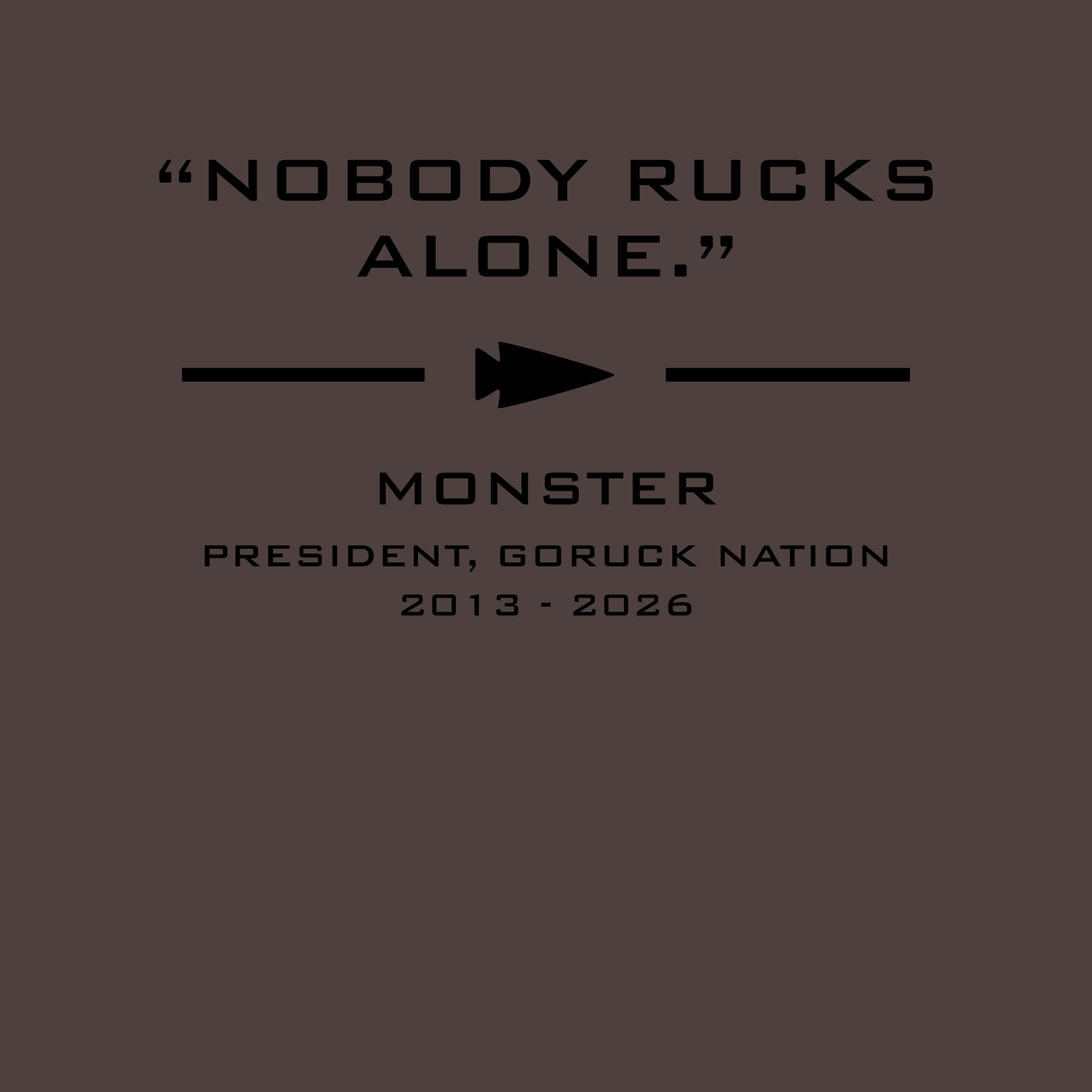 Dark background featuring the quote “Nobody rucks alone.” along with text about the Monster Forever Tee // PREORDER, President, GORUCK Nation, 2013–2026.
