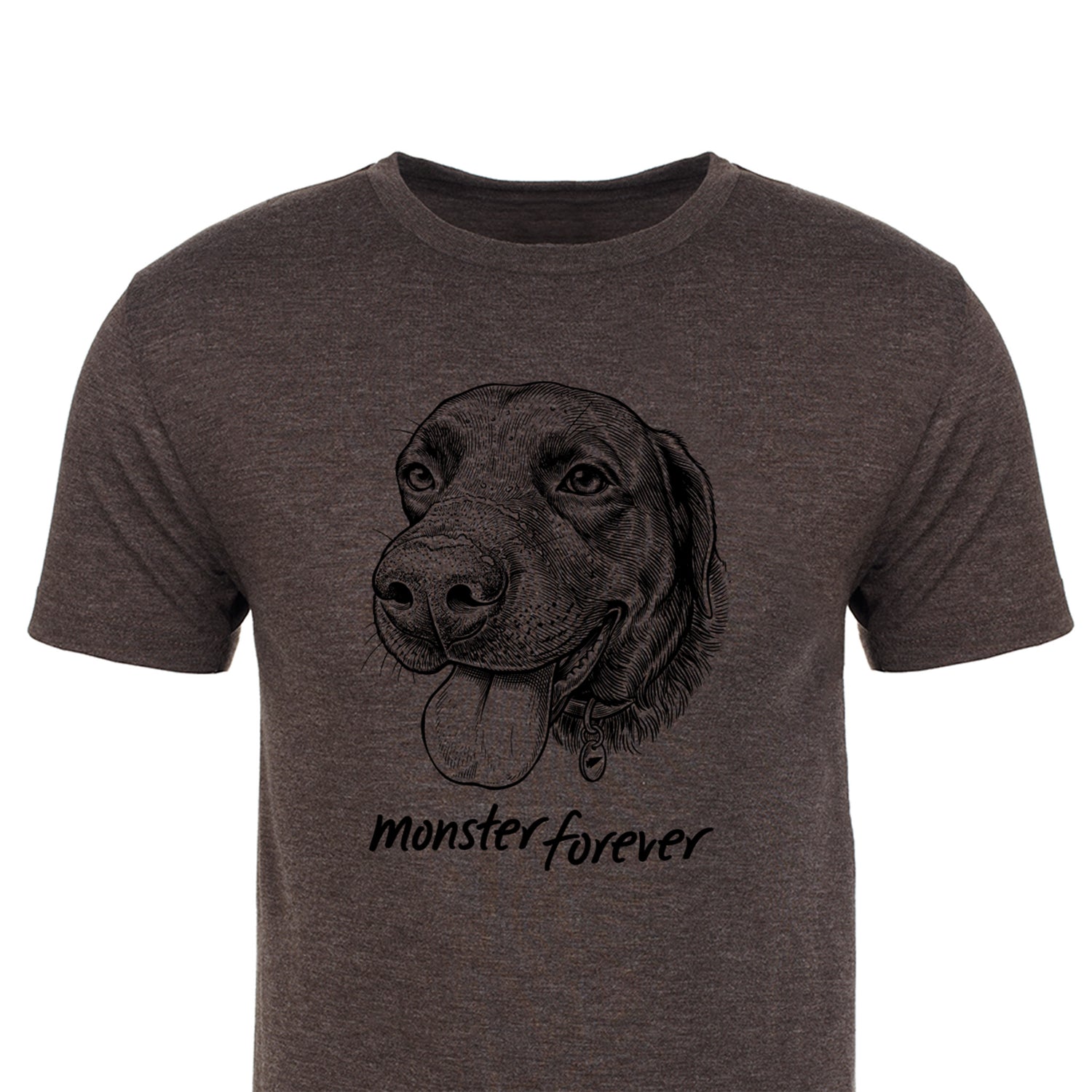 Gray “Monster Forever Tee // PREORDER” featuring a detailed drawing of a dog’s face above the text “monster forever.”.