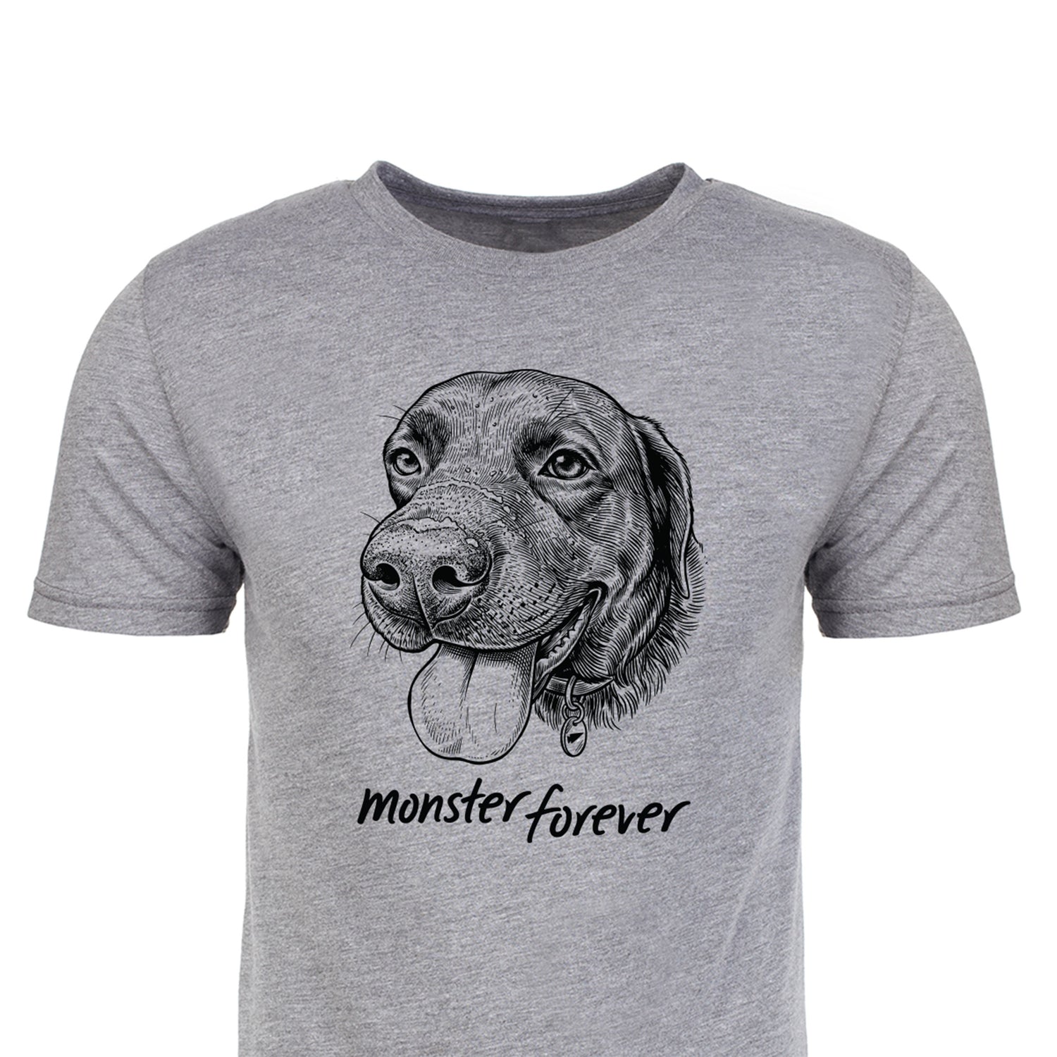 Monster Forever Tee // PREORDER: Gray t-shirt featuring a detailed dog face illustration with the text “monster forever” beneath the image.