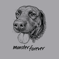 Black and white dog illustration with its tongue out, above the text “monster forever,” printed on a gray Monster Forever Tee // PREORDER.