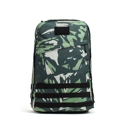 The GR1 rucksack features green and white camouflage, black straps, and a front zipper pocket, shown on a white background.