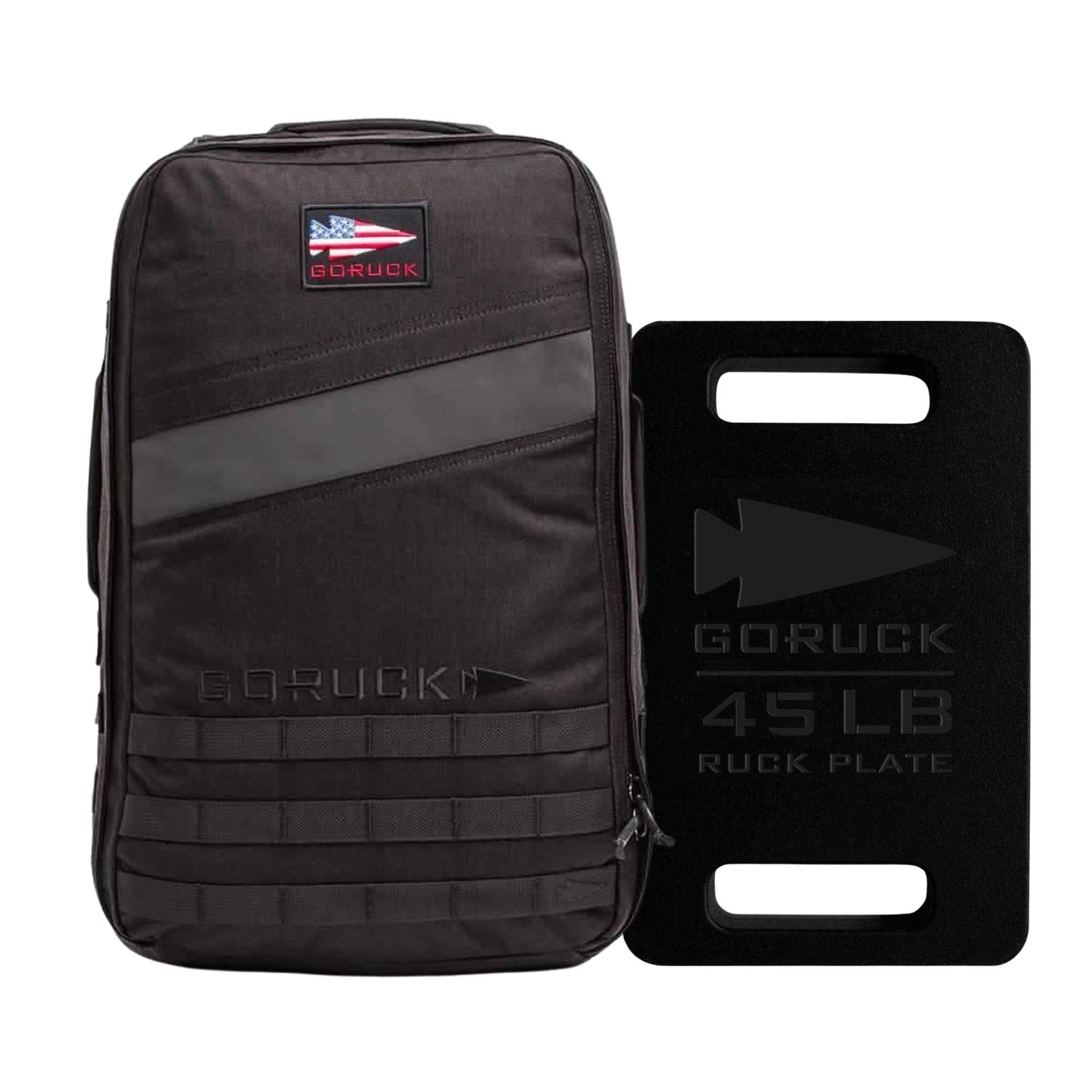 The Rucker 4.0 + 45LB Plate Bundle pairs a black GORUCK Rucker 4.0 backpack with a black 45LB ruck plate featuring cut-out handles and the GORUCK logo—ideal for rucking workouts.