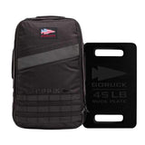 The Rucker 4.0 + 45LB Plate Bundle pairs a black GORUCK Rucker 4.0 backpack with a black 45LB ruck plate featuring cut-out handles and the GORUCK logo—ideal for rucking workouts.