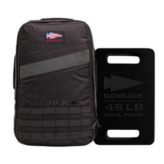 The Rucker 4.0 + 45LB Plate Bundle pairs a black GORUCK Rucker 4.0 backpack with a black 45LB ruck plate featuring cut-out handles and the GORUCK logo—ideal for rucking workouts.