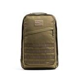 GORUCK olive green rucksack backpack with MOLLE webbing, front zip pocket, rugged gear design