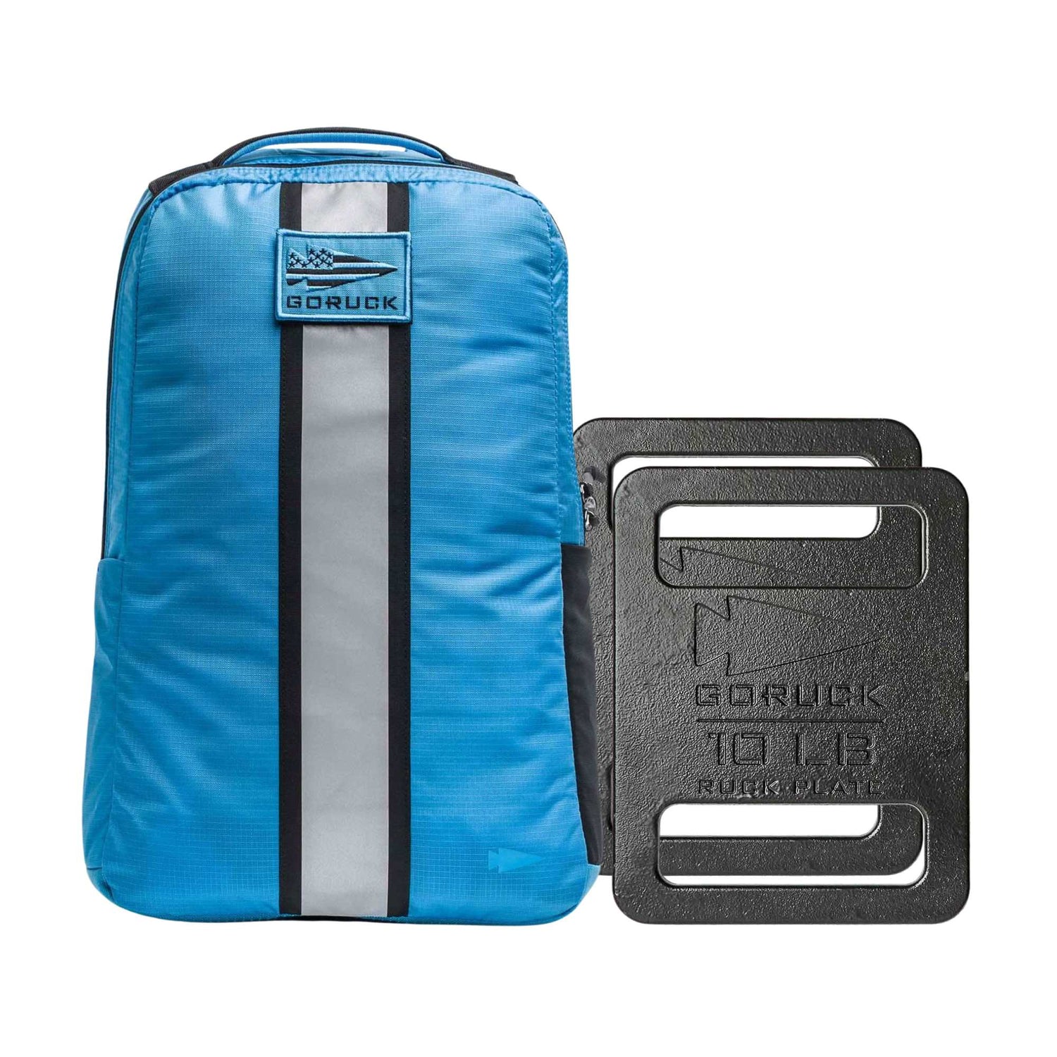 The Basic Rucker Bundle features a blue GORUCK backpack beside two black 10 LB ruck plates, ideal for weighted training and rucking workouts.