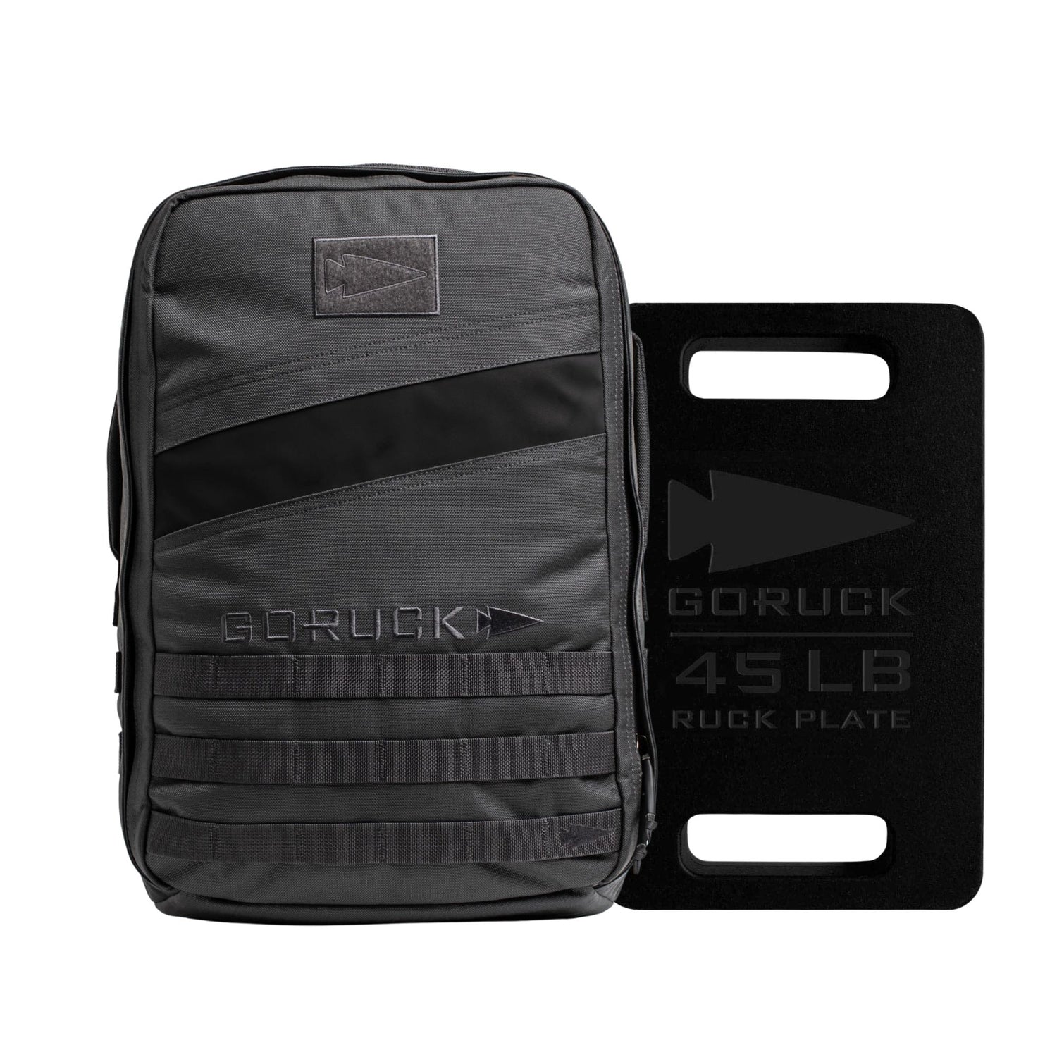 The Rucker 4.0 + 45LB Plate Bundle is shown with the gray Rucker 4.0 rucking backpack next to a black GORUCK 45 LB ruck plate on a white background.