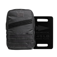 The Rucker 4.0 + 45LB Plate Bundle is shown with the gray Rucker 4.0 rucking backpack next to a black GORUCK 45 LB ruck plate on a white background.