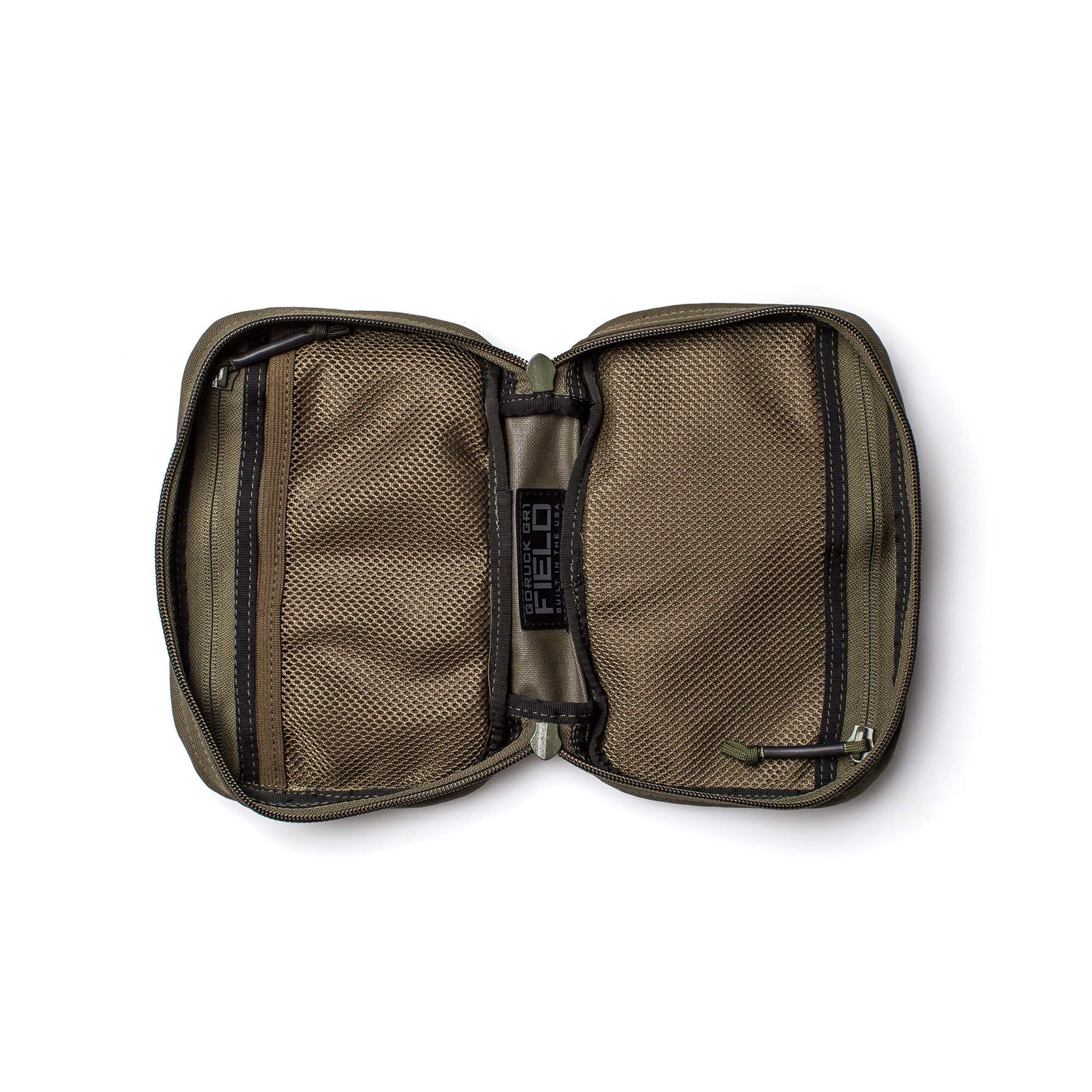 The GR1 Field Pocket - USA in olive green features two zippered mesh compartments and a central fabric label, making it perfect as a dopp kit or electronics organizer.