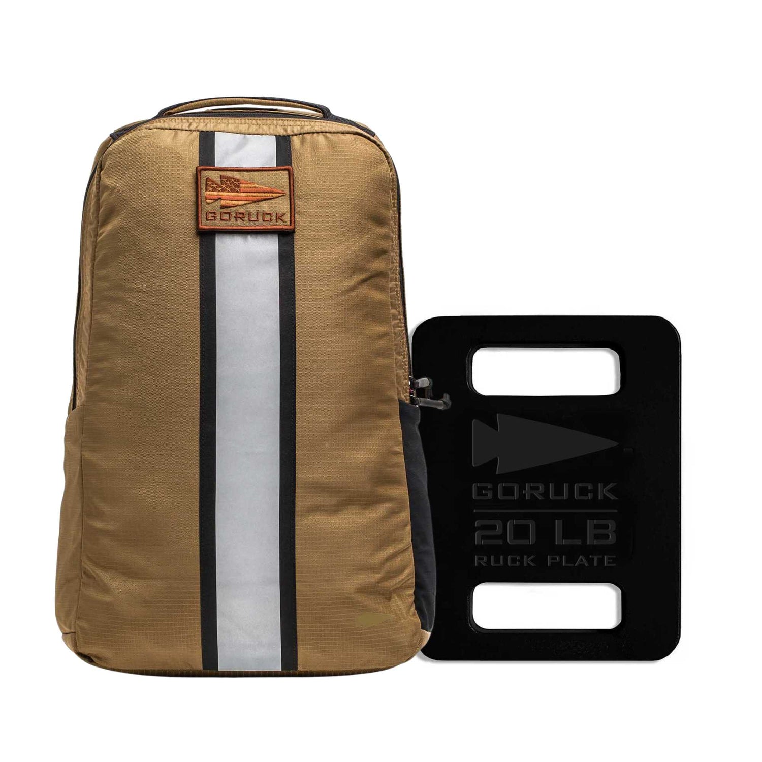 The Basic Rucker + FREE Plate in tan features a vertical reflective stripe, ideal for rucking or weighted workouts, pictured beside a black 20 lb GORUCK ruck plate.
