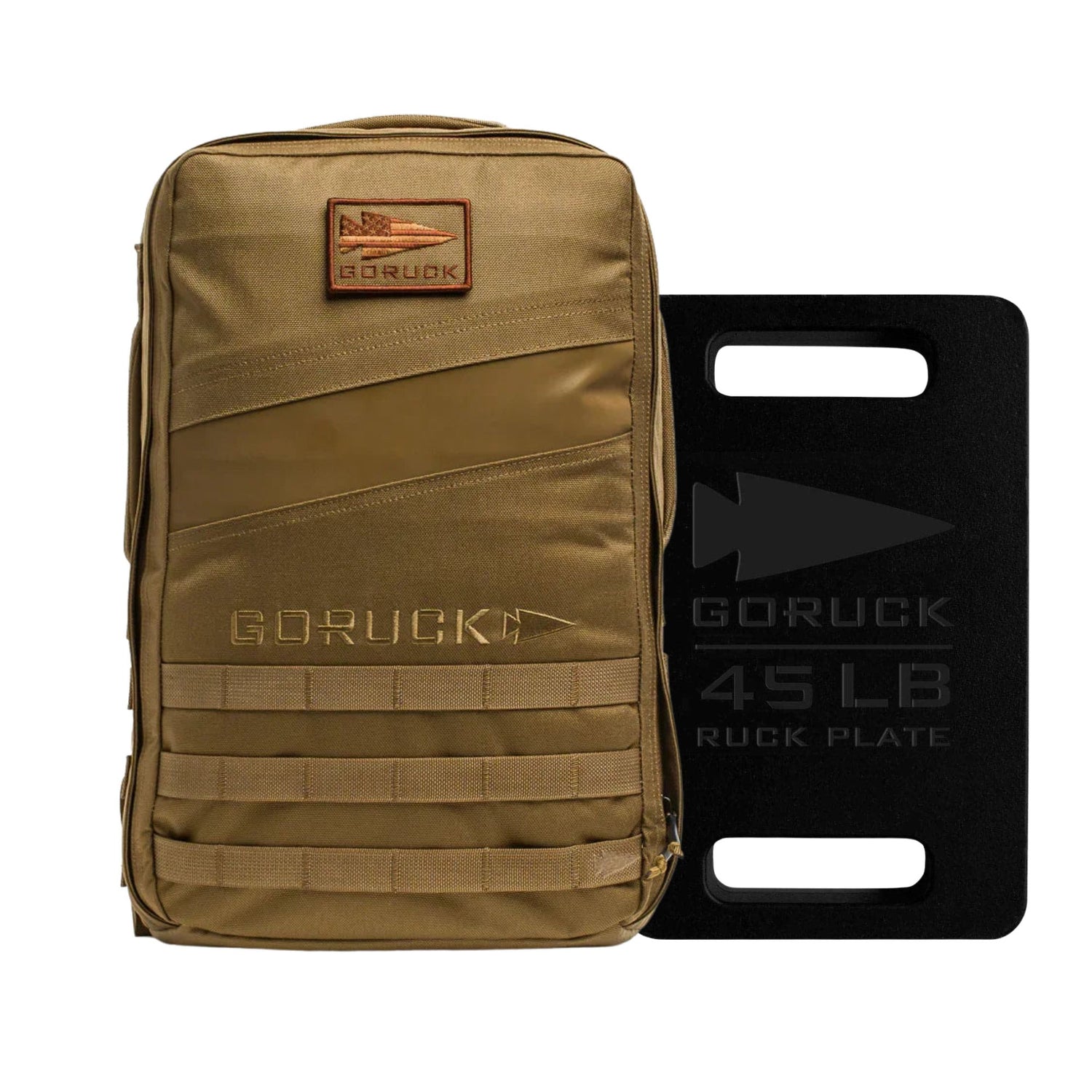 A Rucker 4.0 + 45LB Plate Bundle is displayed, featuring a tan backpack beside a black 45 LB GORUCK ruck plate on a white background.