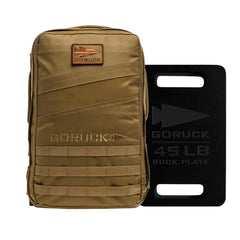 A Rucker 4.0 + 45LB Plate Bundle is displayed, featuring a tan backpack beside a black 45 LB GORUCK ruck plate on a white background.