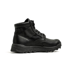 Black tactical rucking boot with rugged sole and mixed leather and nylon upper on white background