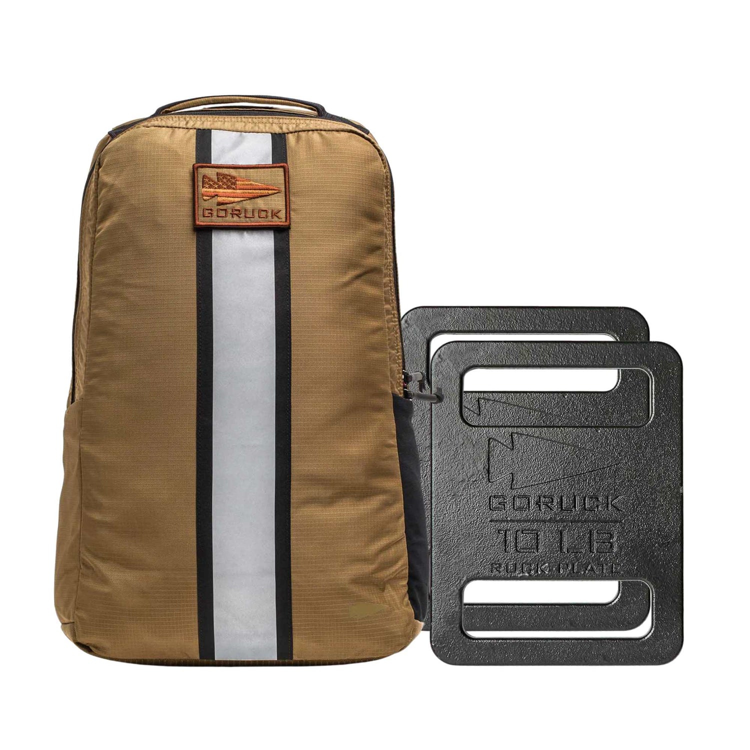 The Basic Rucker Bundle features a tan GORUCK backpack with a reflective stripe shown next to two black 10 lb ruck plates—ideal for rucking or weighted workouts.