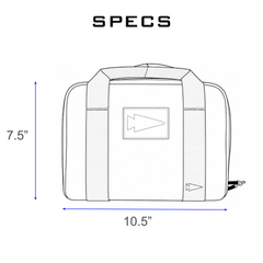Line drawing of the Pistol Rug, a rectangular bag with handles, 10.5" wide by 7.5" tall, labeled “SPECS.”—ideal as a compact range bag or modular pistol case.