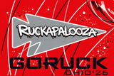 Red graphic with black and white text: "Ruckapalooza" on a gray arrow, "Ruckapalooza Bellbrooke, OH - Fitness Party & 24 HR Cloverleaf Weekend" at the bottom, inspired by the 24 Hour endurance challenge.