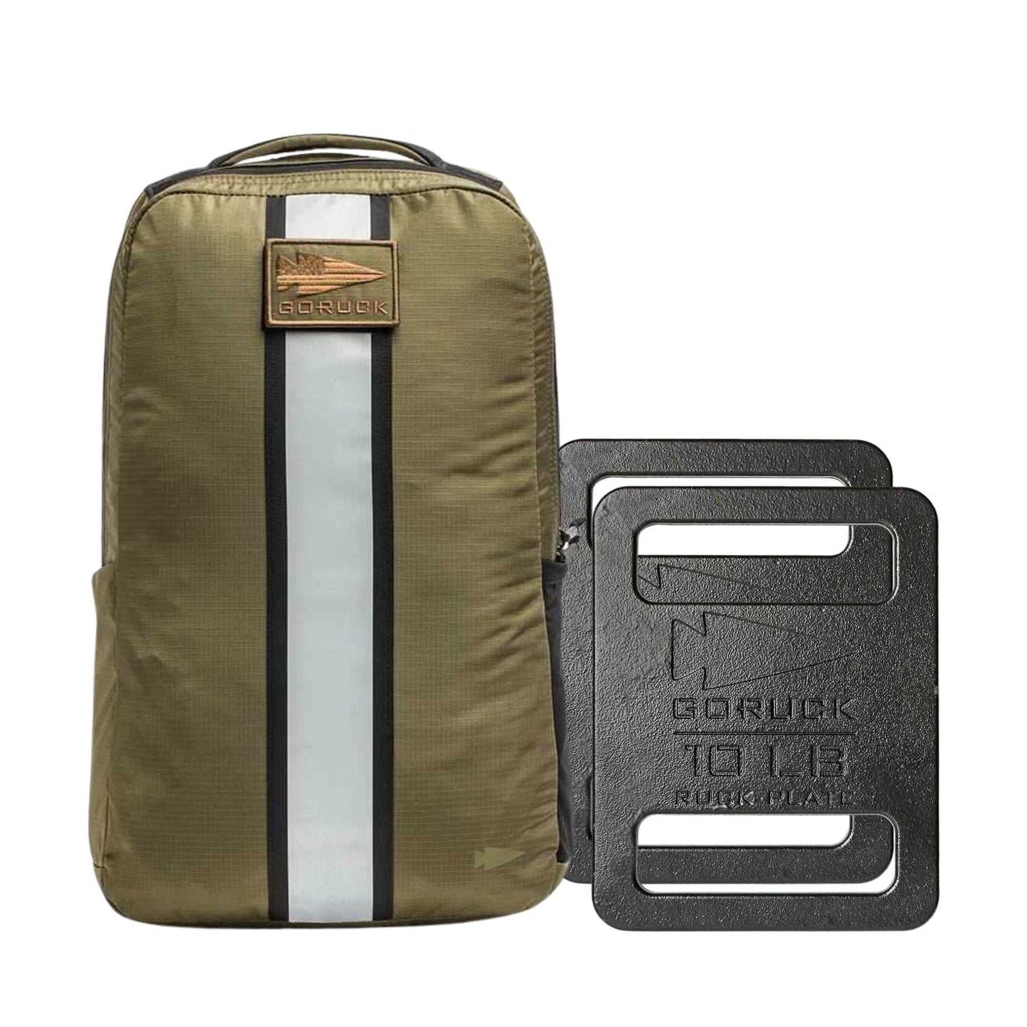 The Basic Rucker Bundle features an olive green backpack with a vertical reflective stripe, perfect for rucking or weighted workouts, shown beside two black metal ruck plates.