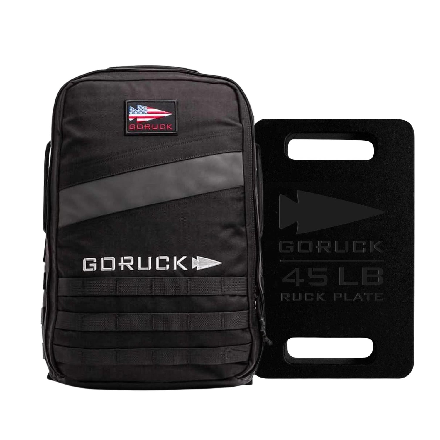 The Rucker 4.0 + 45LB Plate Bundle features the Black Rucker 4.0 backpack and a 45 lb ruck plate with handles and GORUCK logo—ideal for rucking workouts.