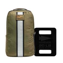 The Basic Rucker + FREE Plate is an olive green backpack for rucking, featuring a vertical reflective stripe and a black 20 lb GORUCK ruck plate—ideal for weighted training sessions.