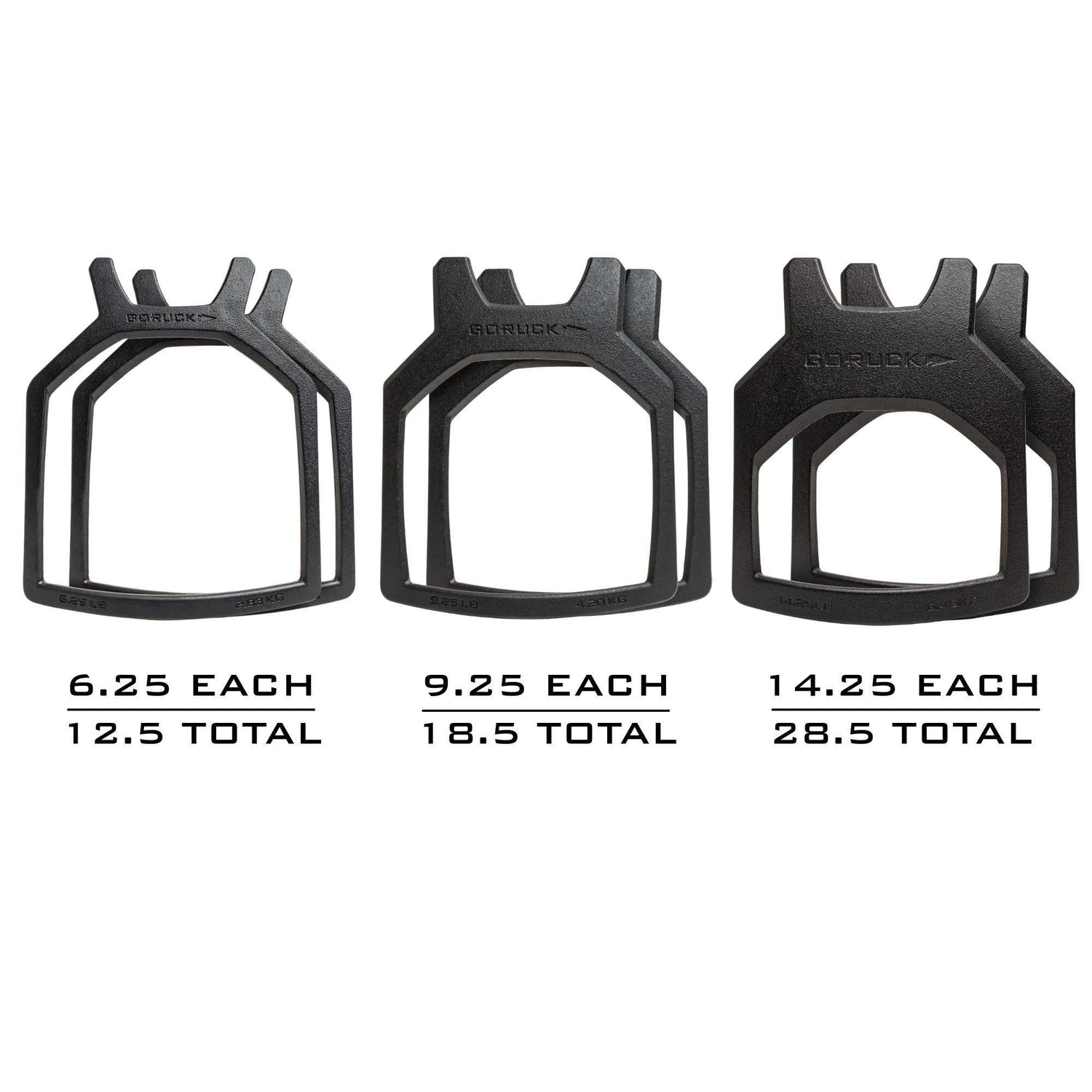 The Rucking Weight Vest + Plates Bundle includes three black curved plates (6.25, 9.25, and 14.25 lbs each), labeled with individual and total weights—ideal for rucking or weight vest workouts.