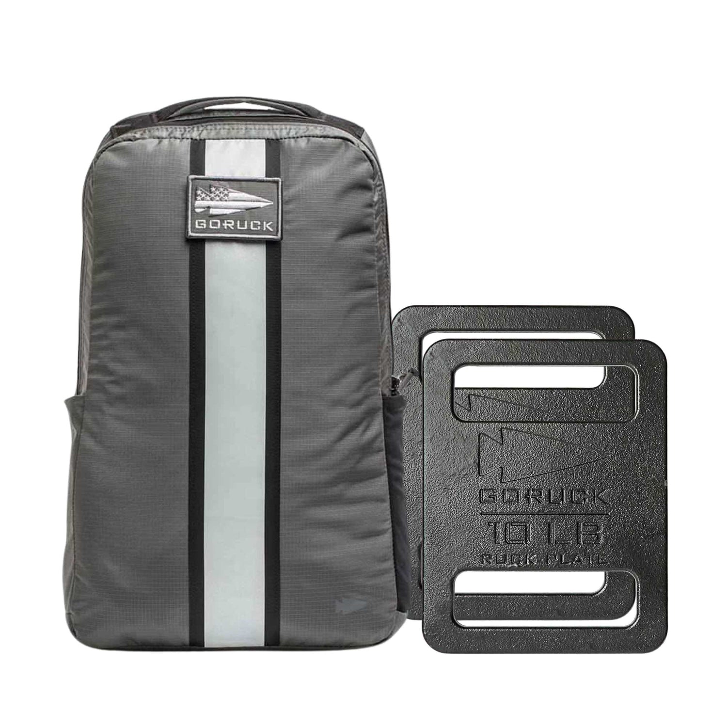 The Basic Rucker Bundle features a gray GORUCK backpack with two black 10 lb ruck plates, perfect for rucking or weighted training, displayed on a white background.