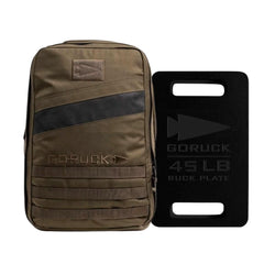 The Rucker 4.0 + 45LB Plate Bundle features a backpack and a black ruck plate with cutout handles—ideal for rucking sessions.