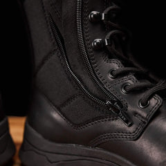 GORUCK black tactical boot with zipper and laces, durable rucking footwear closeup